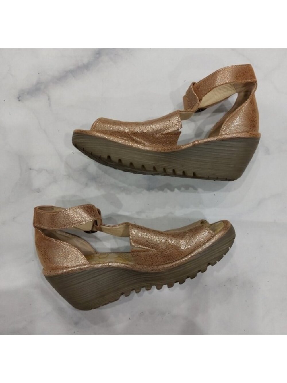 FLY London Wedge Sandals Gold